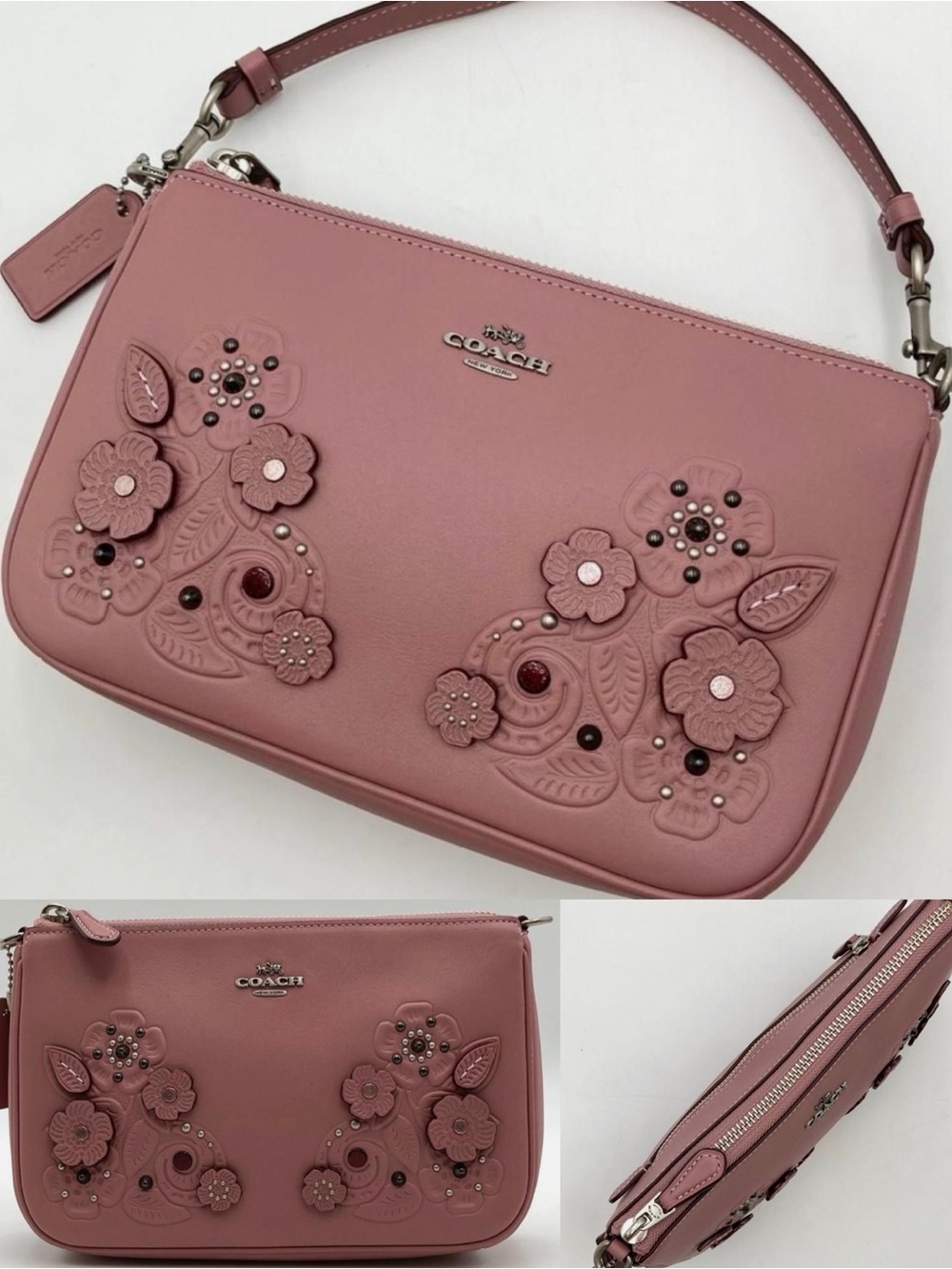 Coach Dusty Rose Floral Appliqué Leather Shoulder Bag